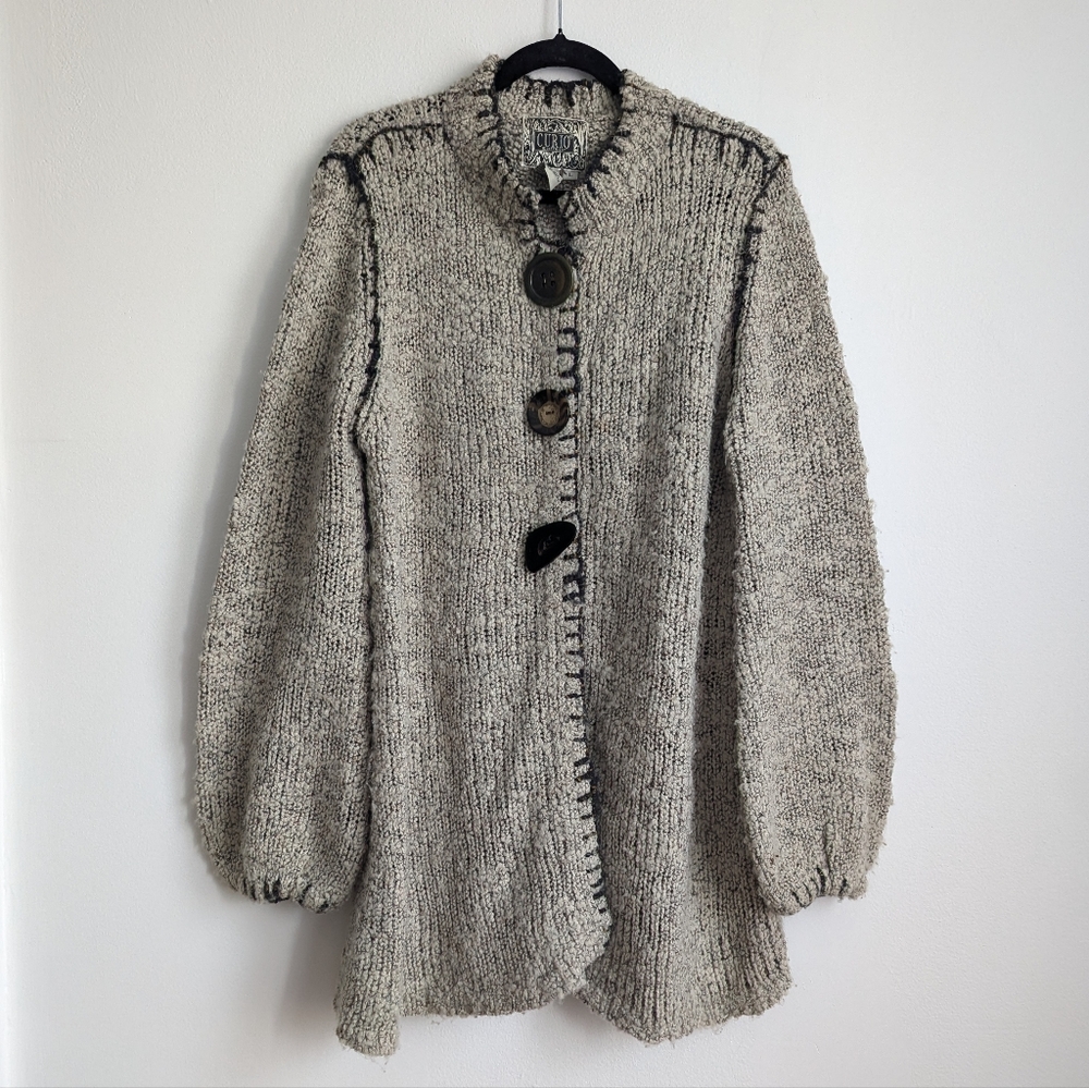Vintage Curio Artsy Design Boucle Knit Sweater Shabby Chic Size L Gray Lagenlook